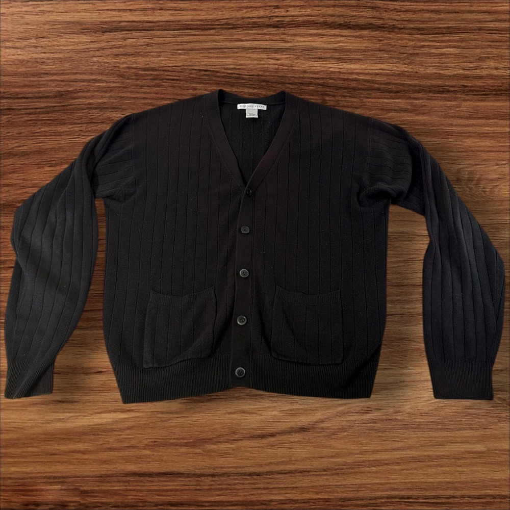 Geoffrey Beene Mens Black‎ Ribbed Cardigan Sweater L/G Button Front Pockets